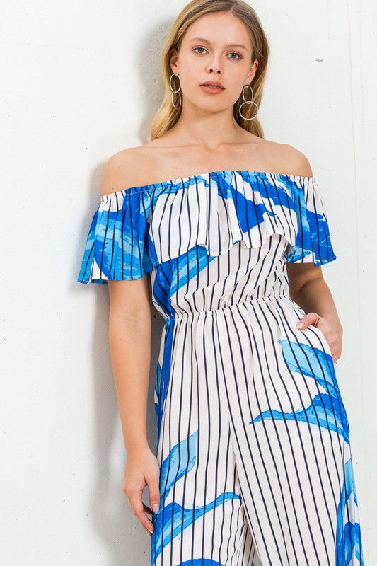 Fashion Off Shoulder Blue Floral Print Striped White Jumpsuit