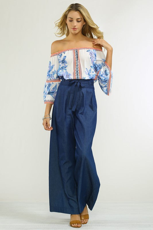 Fashion White Blue Off Shoulder Floral Print Top