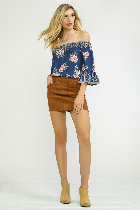 Fashion Off Shoulder Bell Sleeve Navy Top