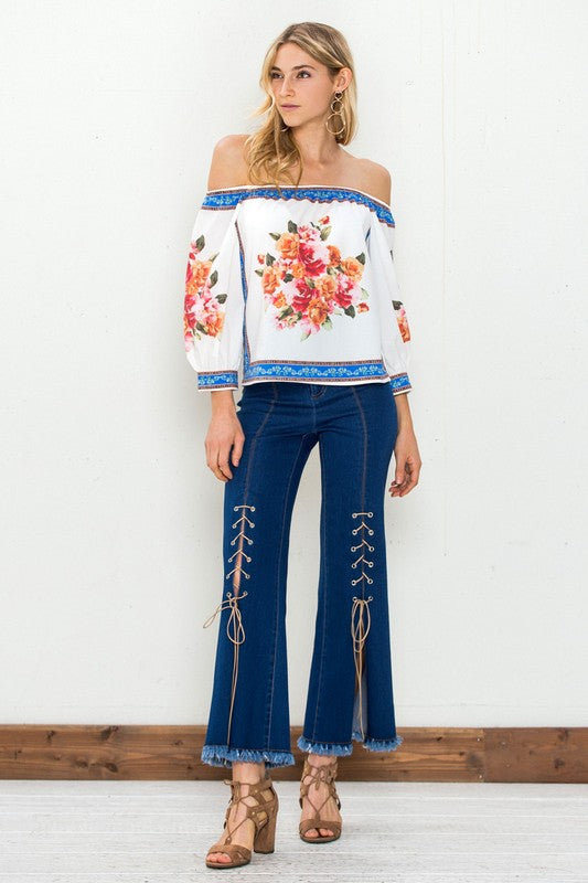 Fashion Off Shoulder Multi-Color Floral Print White Top