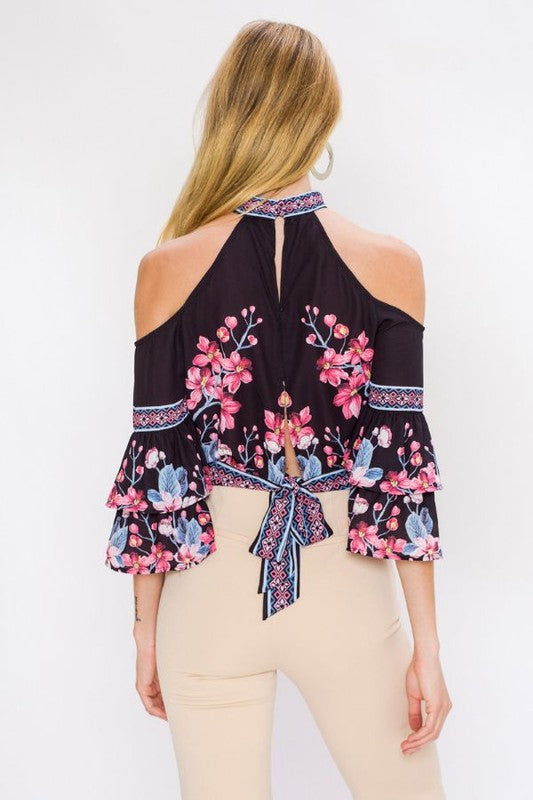 Fashion Cold Shoulder Black Floral Print Top with Bell Sleeve