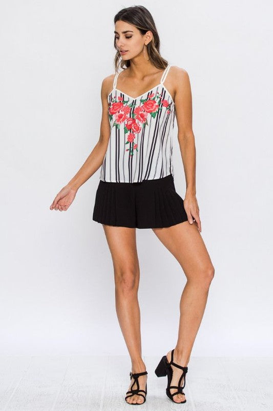 Fashion Strap Red Floral Print Contrast White Top