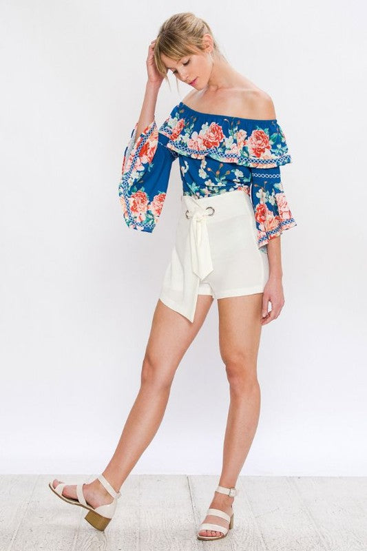 Elegant Multi-Color Floral Print Ruffle Navy Top with Bell Sleeve