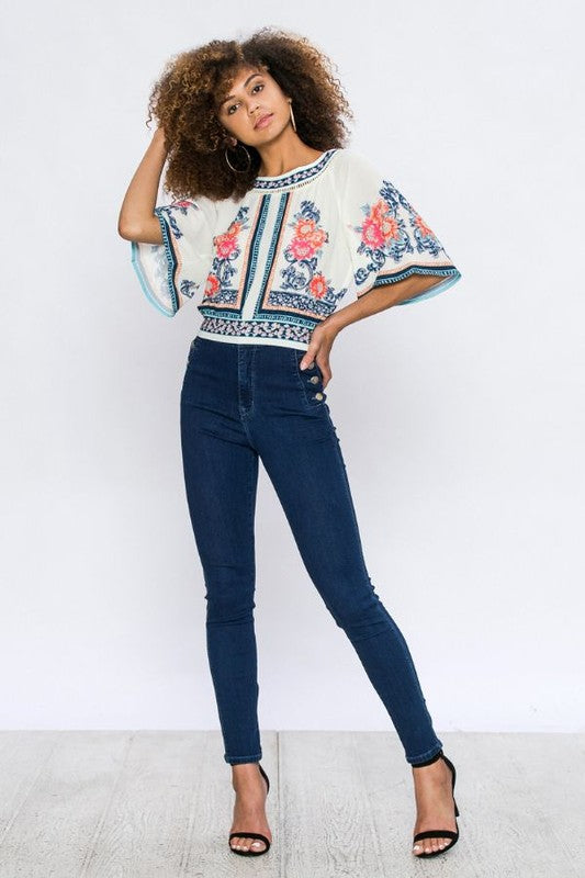 Fashion Multi-Color Floral Print Open Back White Top with Bow