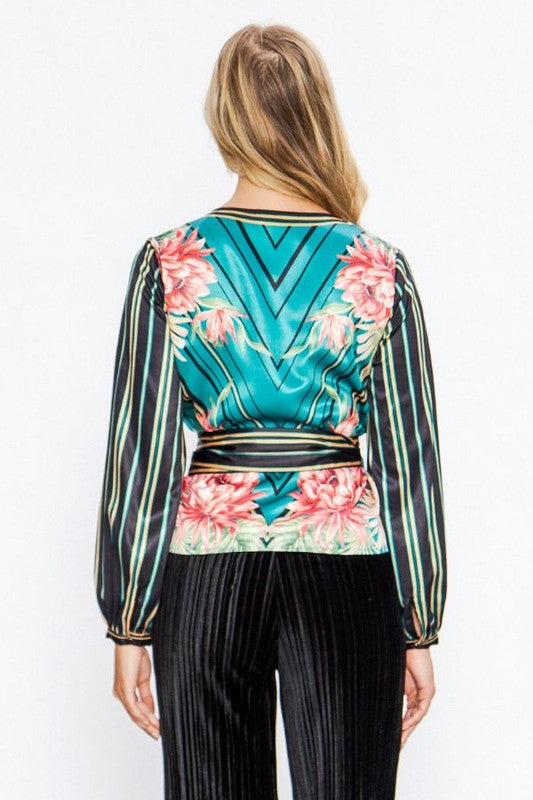 Elegant V-Neck Tie-Up Satin Floral Print Blue Blouse with Long Sleeve