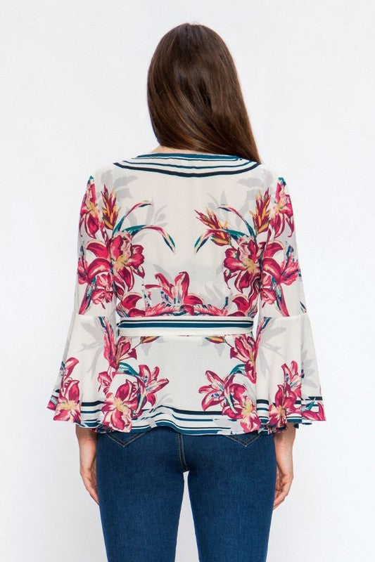 Fashion V-Neck Tie-Up Wrap Floral Print Off White Blouse with Bell Sleeve
