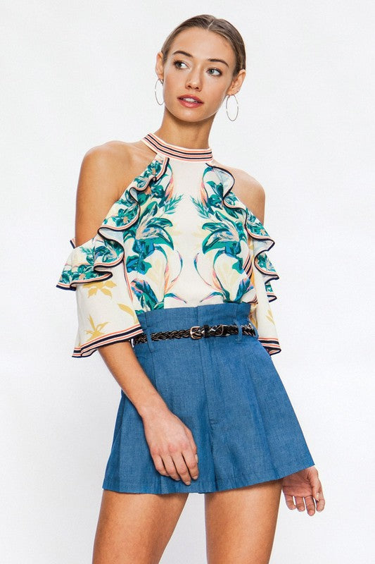 Fashion Ivory Halter Ruffle Cold Shoulder Multi-Color Floral Print Top