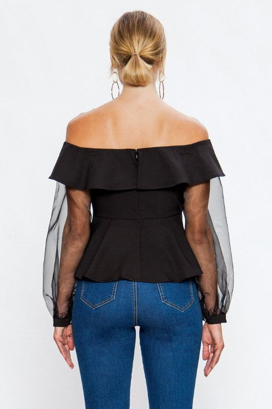 Elegant Black Off Shoulder Ruffle Top with Sheer Sleeves