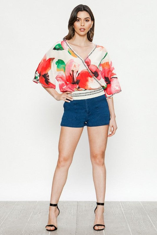 Fashion Off White Multi-Color Floral Print Wrap Elastic Top
