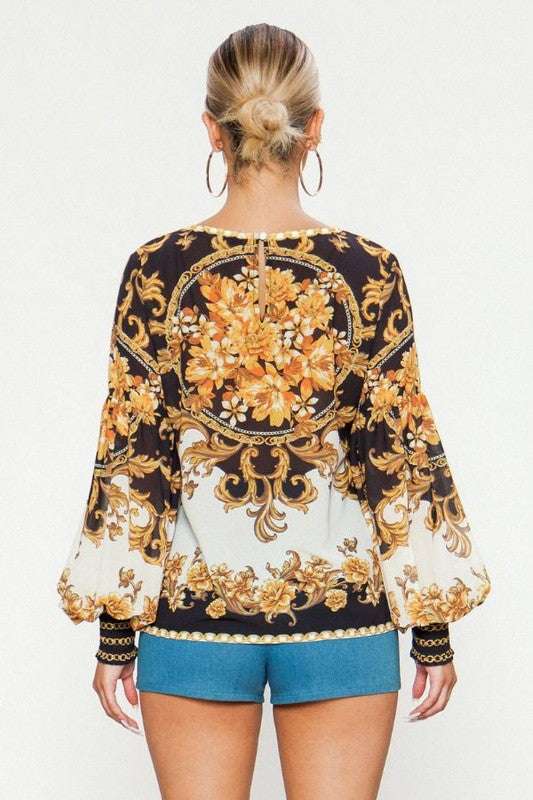 Fashion Off White Multi-Color Baroque Print Top with Bishop Sleeve