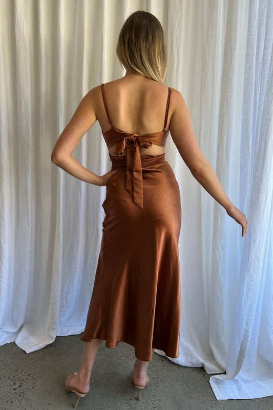 Elegant Strap Chocolate Satin Maxi Dress Open Back Tie-Up with Slit