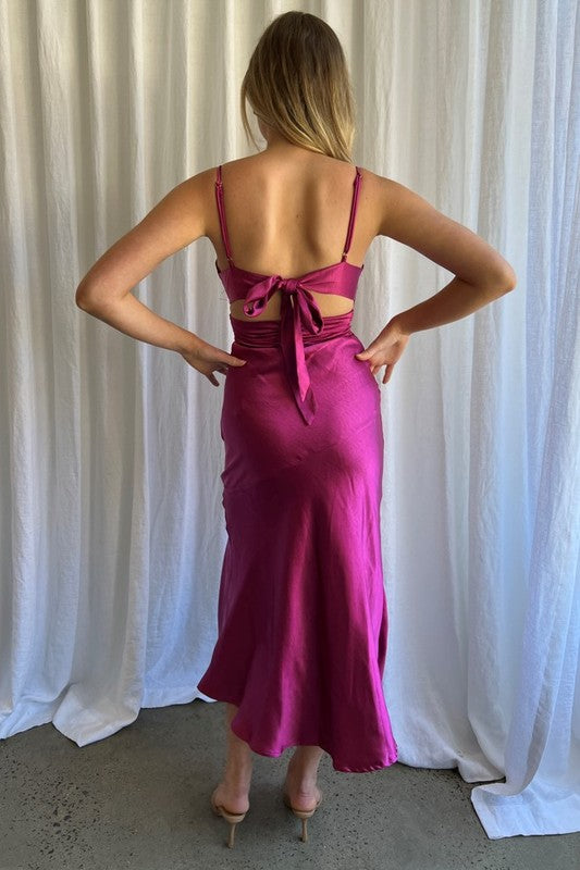 Elegant Strap Plum Satin Maxi Dress Open Back Tie-Up with Slit
