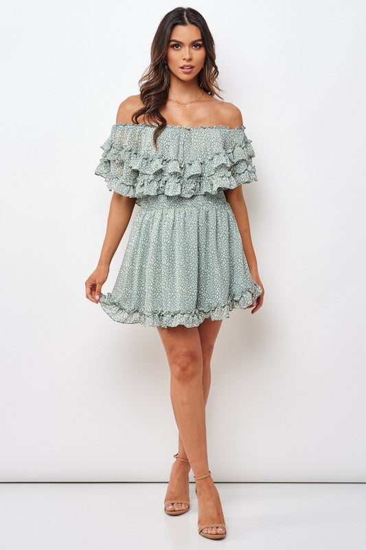Fashion Olive Floral Print Off Shoulder Ruffle Dress