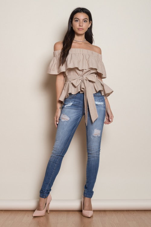 Fashion Off Shoulder Beige Striped Ruffle Tie-Up Top