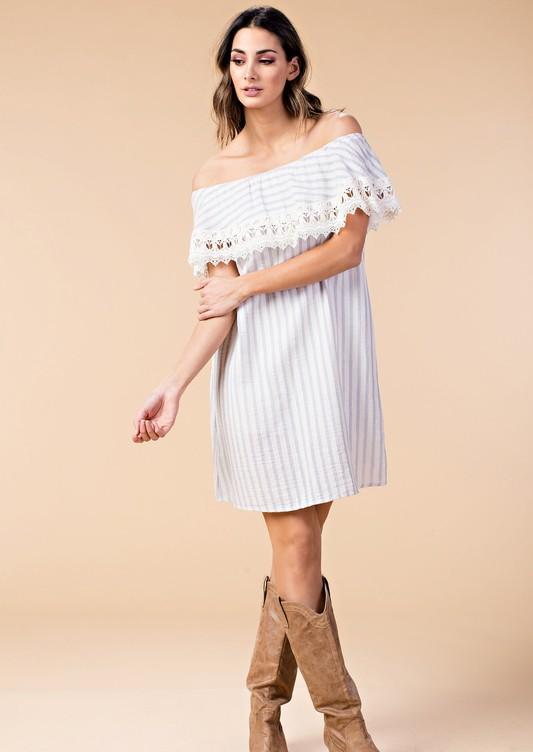 Casual Off Shoulder Light Blue Striped Dress with Lace Detailed