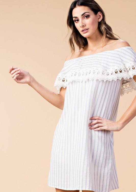 Casual Off Shoulder Light Blue Striped Dress with Lace Detailed Casual Off Shoulder Light Blue Striped Dress with Lace Detailed