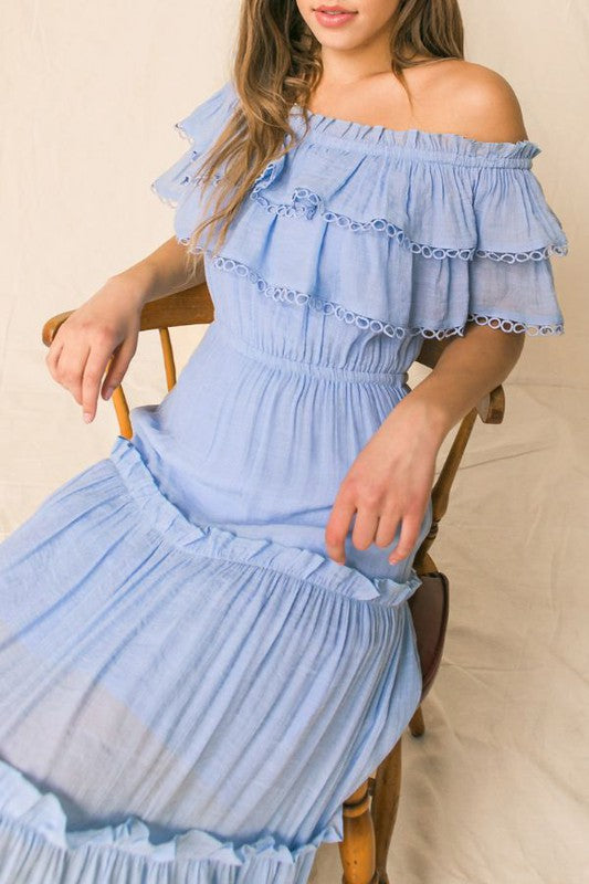 Fashion Off Shoulder Summer Blue Ruffle Maxi Dress