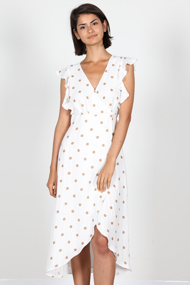 Fashion Beige Polka Dot Ruffle Wrap White Dress