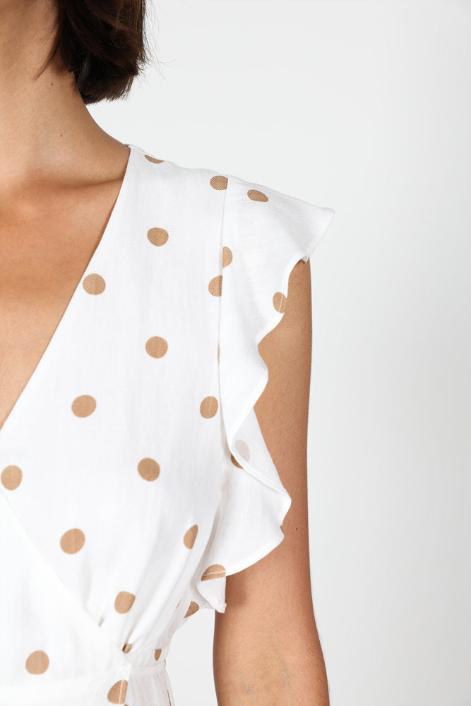 Fashion Beige Polka Dot Ruffle Wrap White Dress