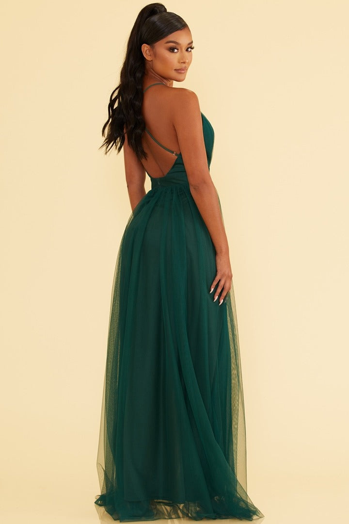 Elegant Hunter Green Strap Deep V-Neck Maxi Dress