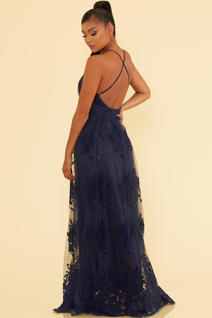 Elegant Navy Floral Lace Strap Deep V-Neck Gown