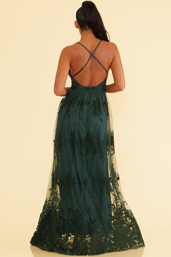Elegant Hunter Green Floral Lace Strap Deep V-Neck Gown
