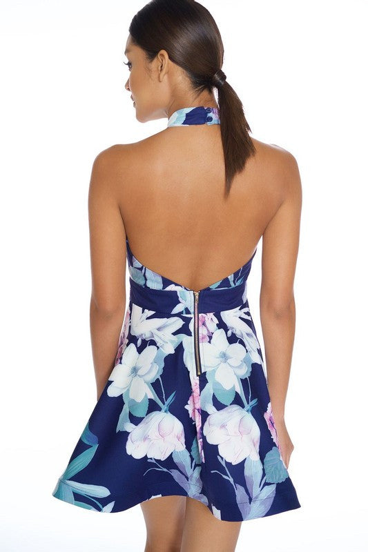 Fashion Floral Print Backless Flare Dress