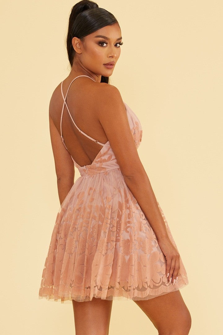 Elegant Blush Lace Layered Strap Deep V-Neck Ruffle Dress