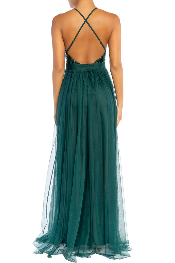 Elegant Hunter Green Sequence Strap Deep V-Neck Maxi Dress