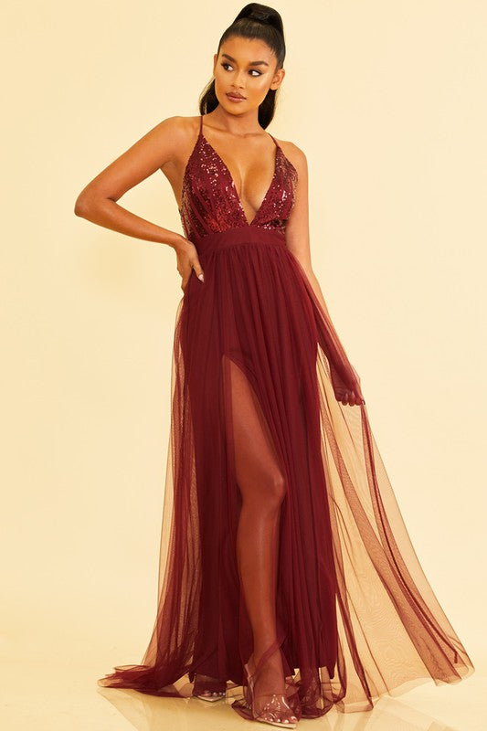 Elegant Wine Sequence Strap Deep V-Neck Maxi Dress S / Wine Elegant Wine Sequence Strap Deep V-Neck Maxi Dress S / Wine