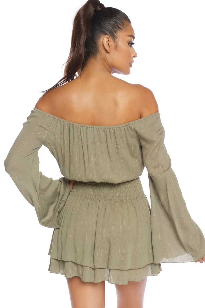 Fashion Off Shoulder Olive Gold Striped Dress