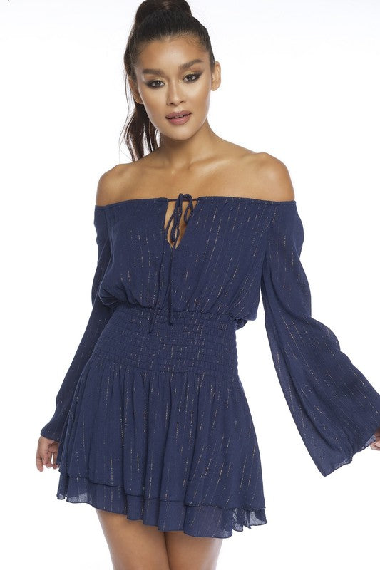 Fashion Off Shoulder Navy Gold Striped Dress EDITE MODE Fashion Off Shoulder Navy Gold Striped Dress EDITE MODE