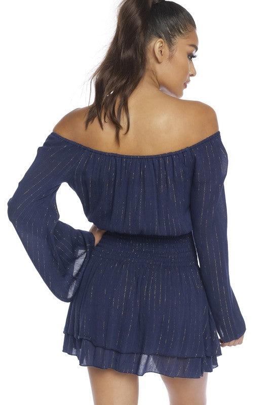 Fashion Off Shoulder Navy Gold Striped Dress