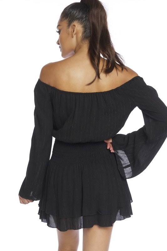 Fashion Off Shoulder Black Gold Striped Dress