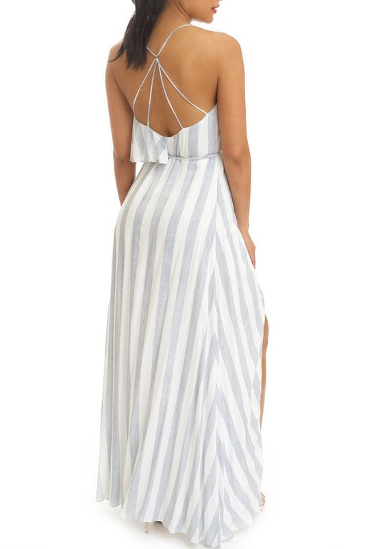 Fashion Strap Ruffle Blue Marine Wrap Maxi Dress
