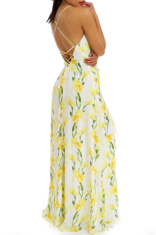 Fashion Strap Multi-Color Floral Print Ruffle White Maxi Dress