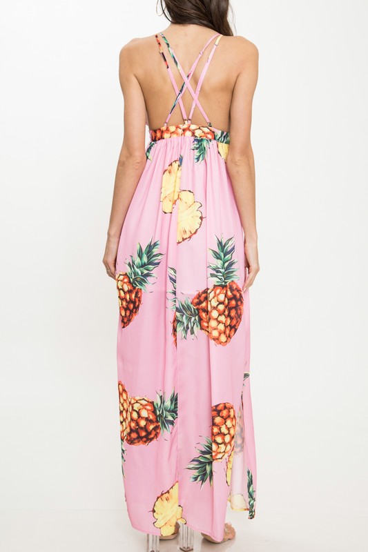 Elegant Pink Pineapple Print Summer Maxi Dress