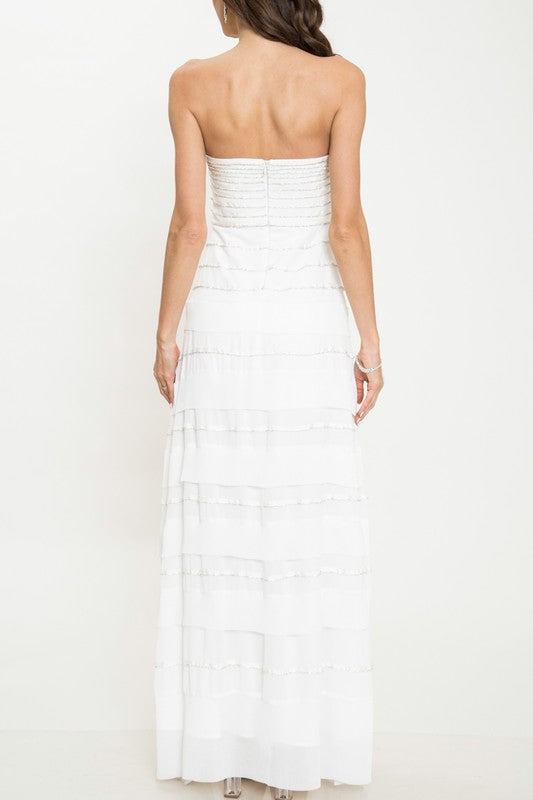 Cocktail Rhinestone White Ruffle Detailed Gown