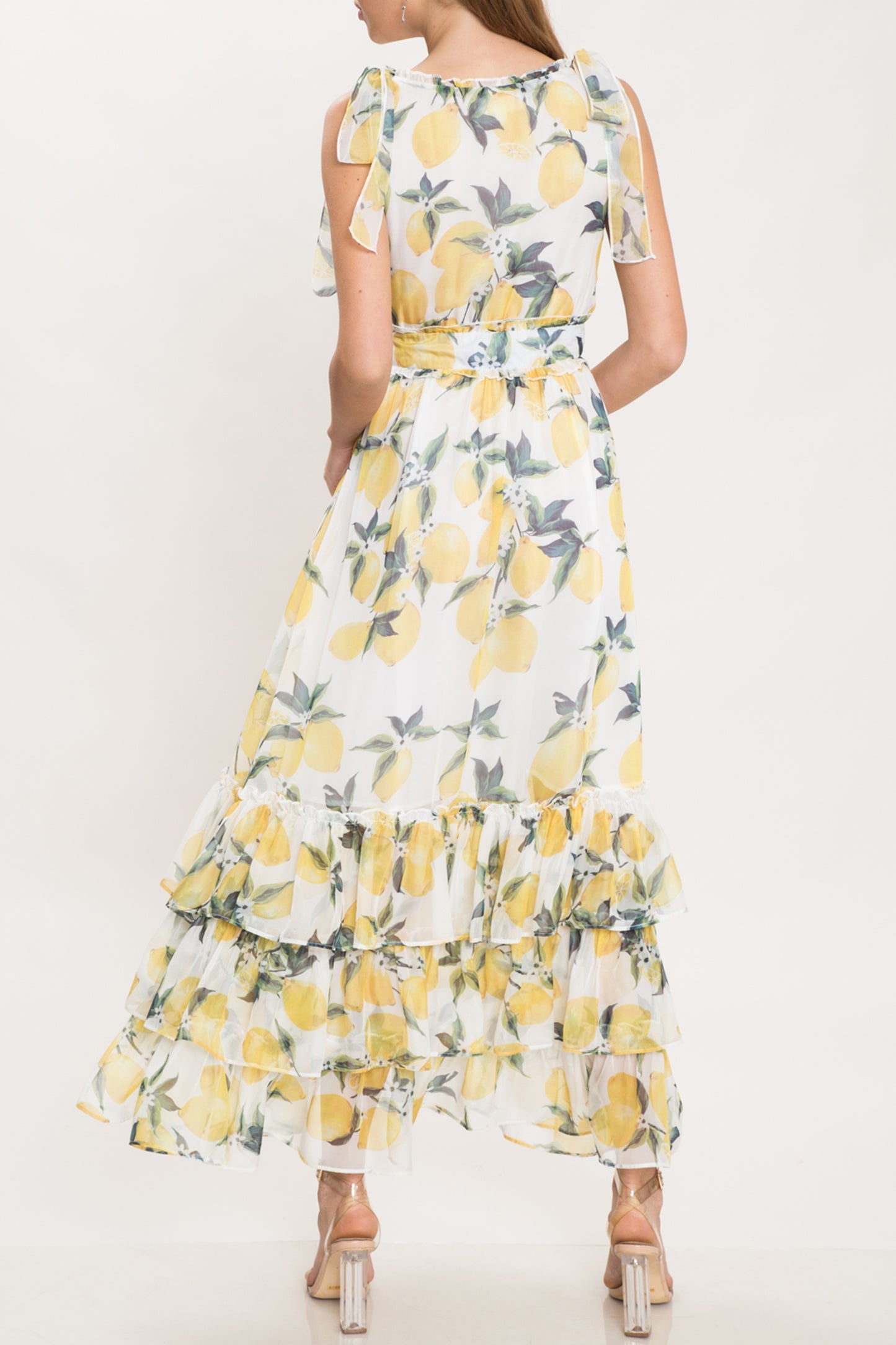 Fashion Lemon Print Ruffle Maxi Dress