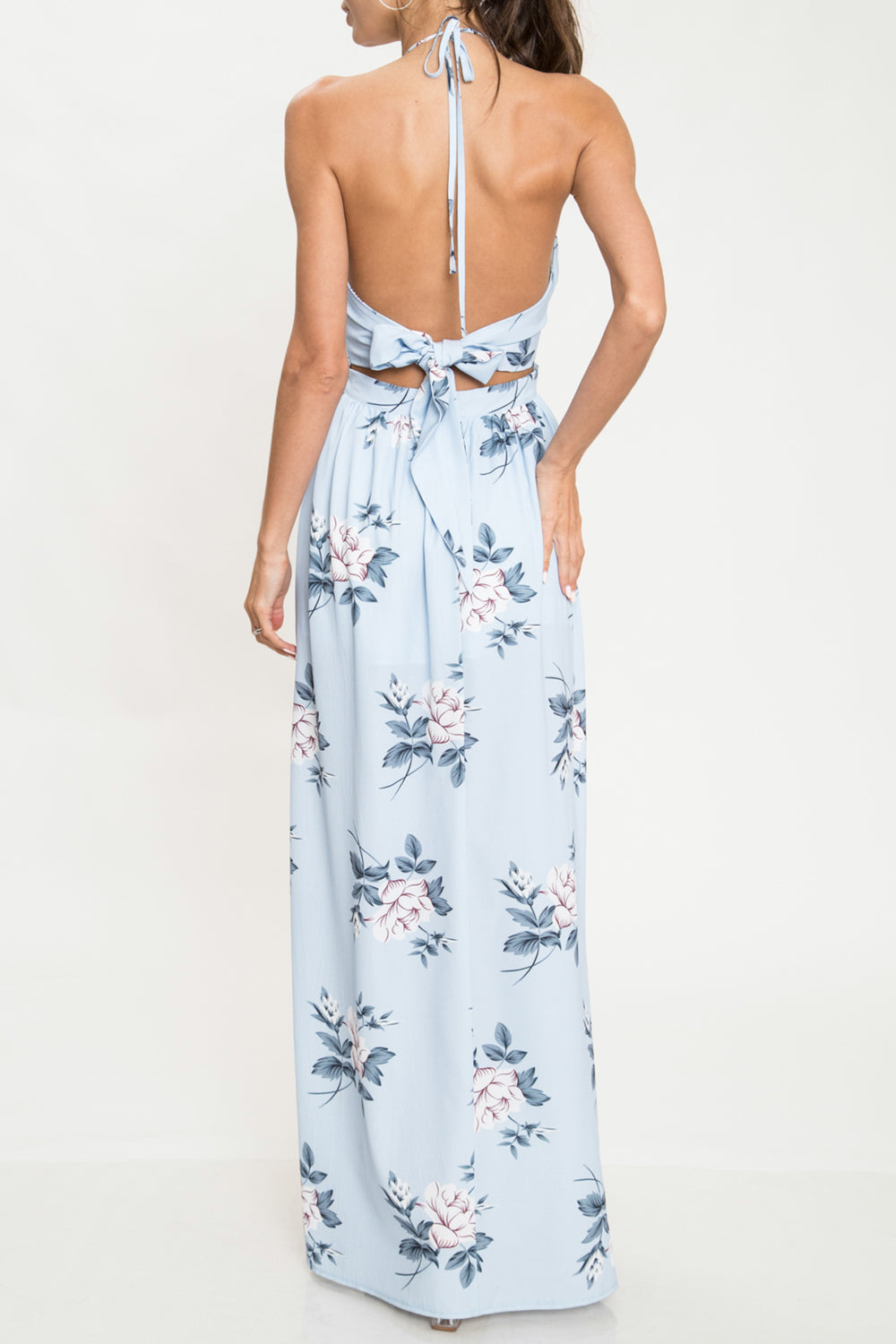 Elegant Blue Floral Print Cut Out Tie-Up Maxi Dress with Slit