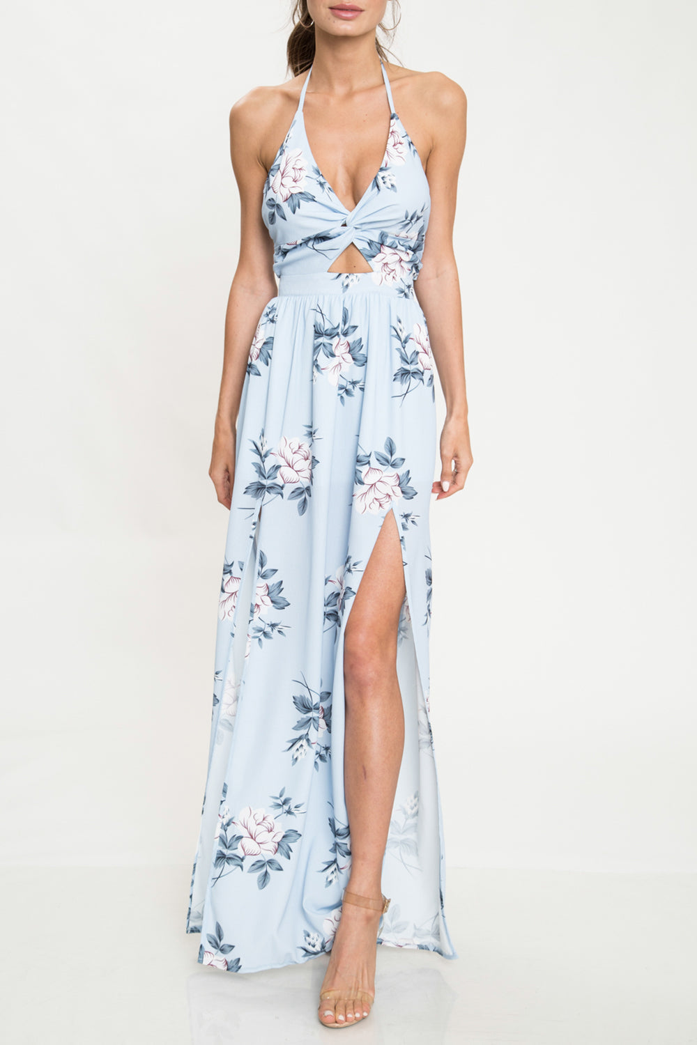 Elegant Blue Floral Print Cut Out Tie-Up Maxi Dress with Slit EDITE MODE Elegant Blue Floral Print Cut Out Tie-Up Maxi Dress with Slit EDITE MODE