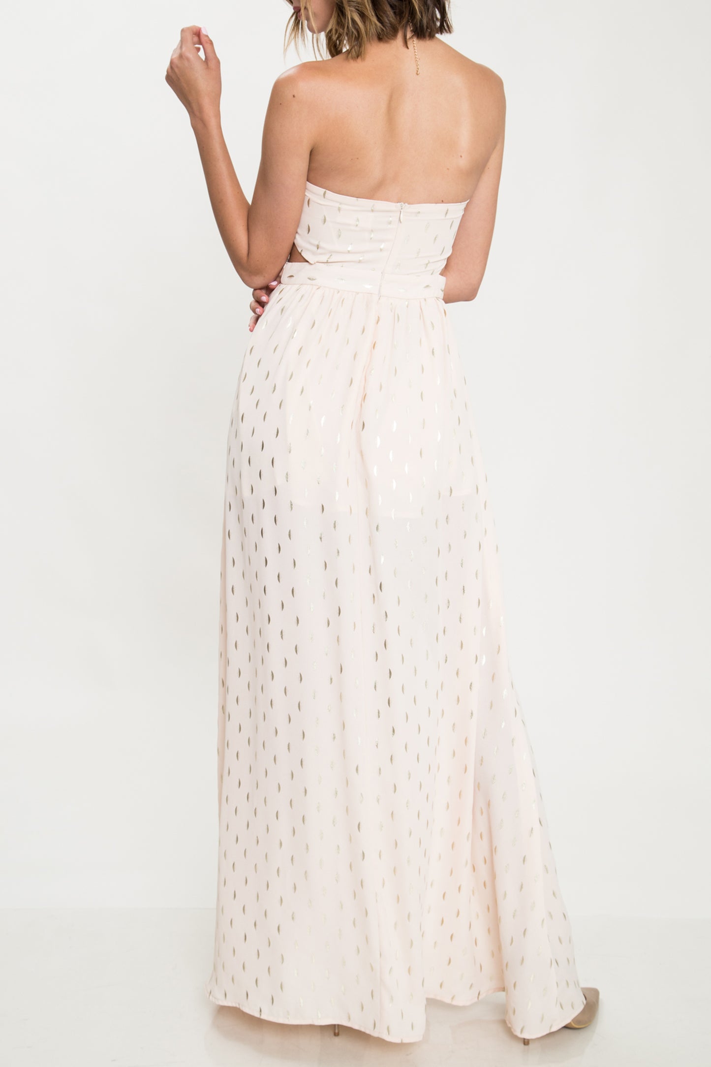 Elegant Strapless Light Peach Gold Leaf Cut Out Maxi Dress