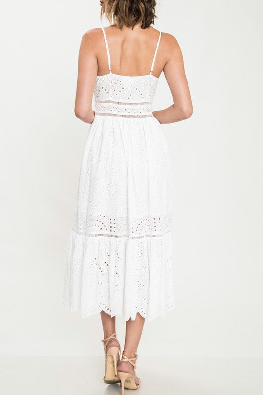 Elegant Summer White Floral Lace Strap Button Down Dress