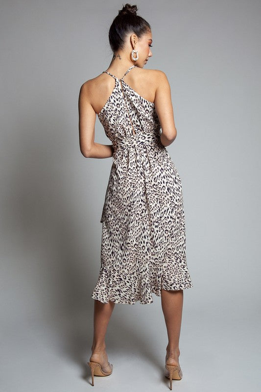 Elegant Strap Leopard Print Tie-Up Ruffle Dress