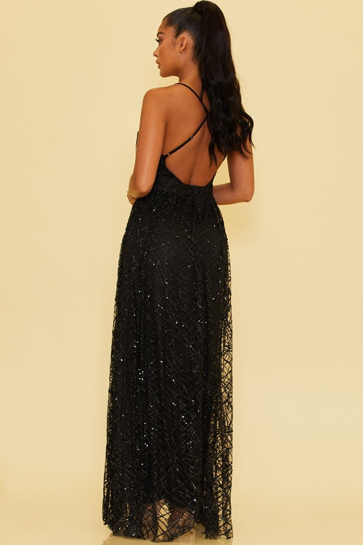 Elegant Black Glitter Layered Strap Deep V-Neck Gown
