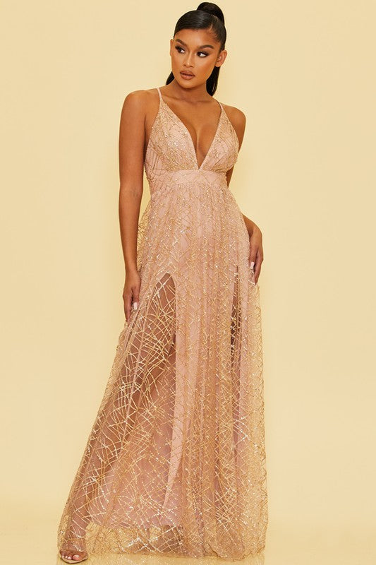 Elegant Rose Gold Glitter Layered Strap Deep V-Neck Gown Elegant Rose Gold Glitter Layered Strap Deep V-Neck Gown