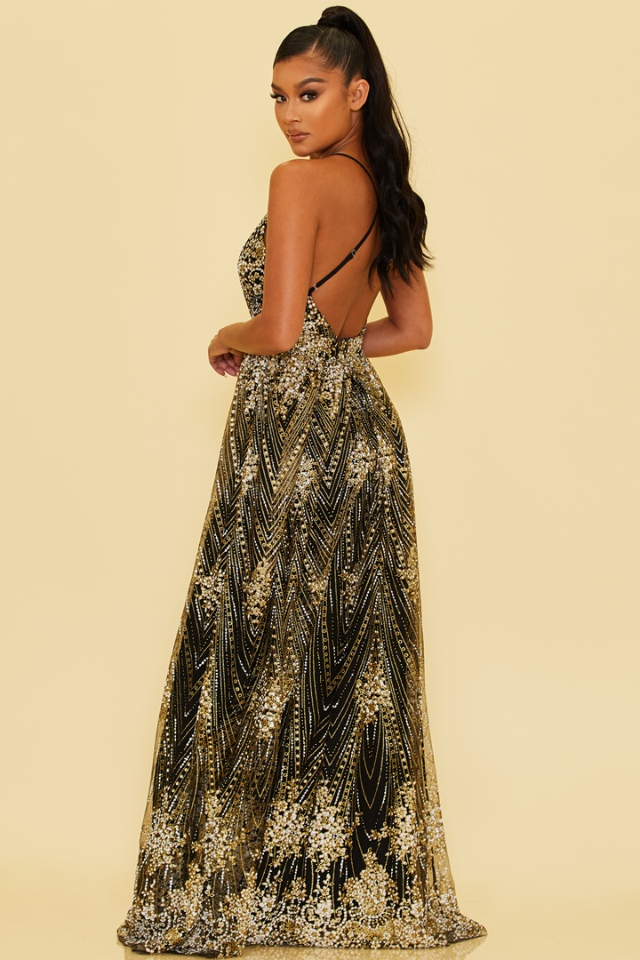 Elegant Black Multi-Color Floral Glitter Strap Deep V-Neck Gown