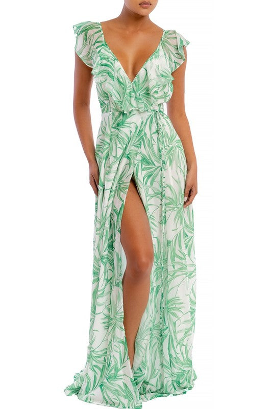 Elegant Light Green Leaf Print Wrap Ruffle Strap Maxi Dress EDITE MODE Elegant Light Green Leaf Print Wrap Ruffle Strap Maxi Dress EDITE MODE