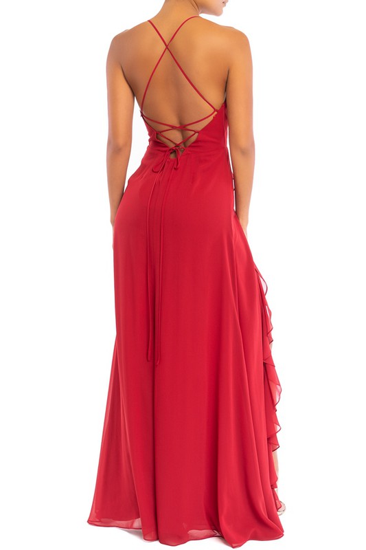 Fashion Strap Ruffle Wine Maxi Dress with Middle Slit