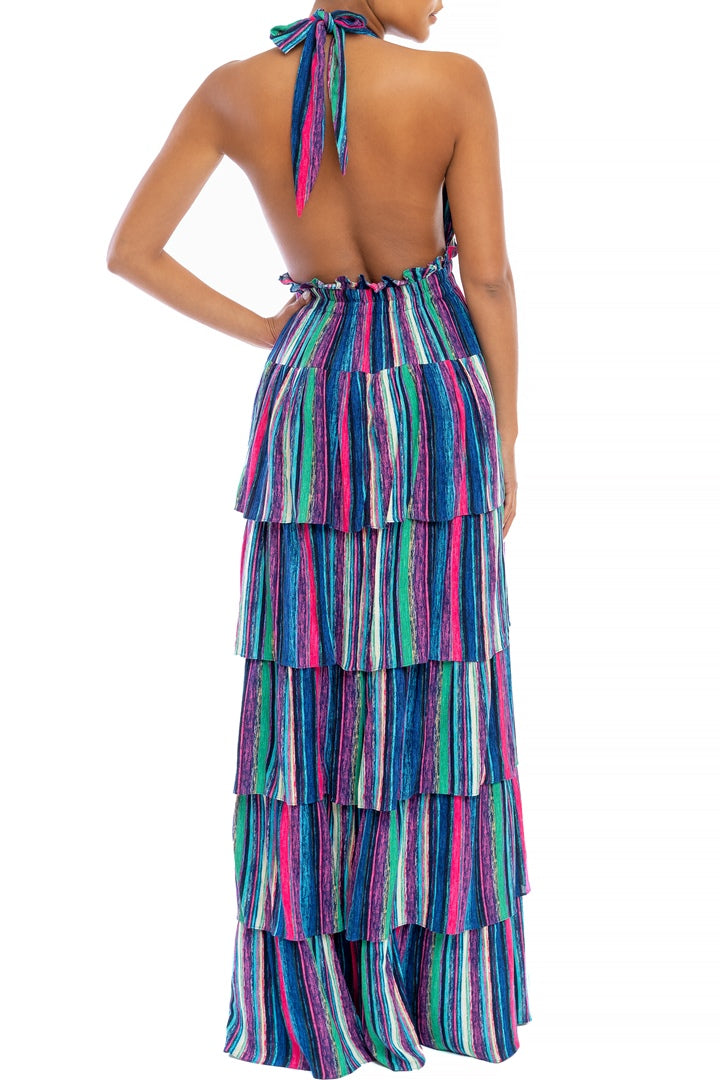 Fashion Blue Multi-Color Marine Ruffle Halter V-Neck Maxi Dress